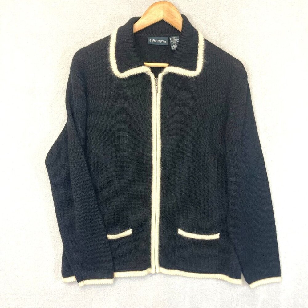 Vintage Bridgetown Wool Angora Zip‎ Cardigan Sweater Womens Medium Black Soft
